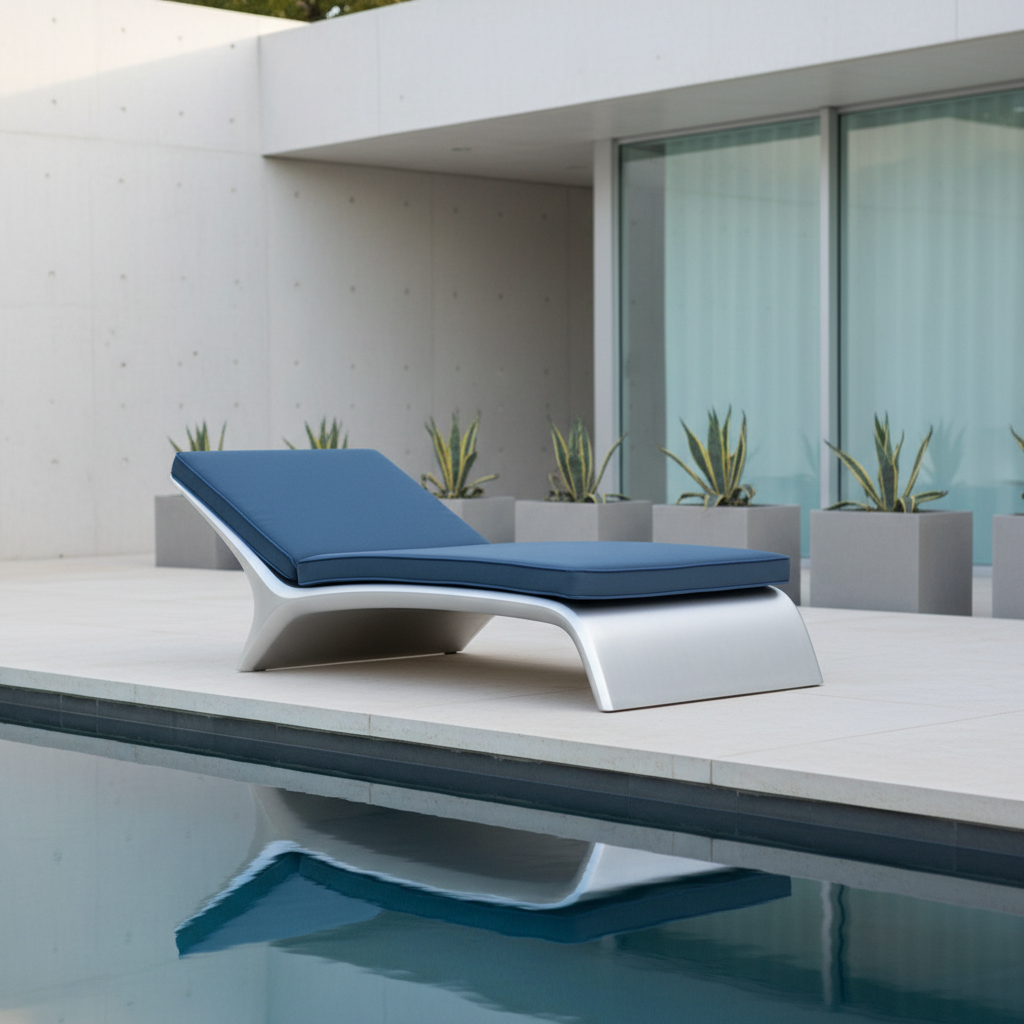 An innovative pool rest furniture piece designed for poolside luxury, made of smooth powder-coated aluminum in muted silver and accented with water-resistant slate-blue cushions featuring subtle piping. The pool rest is staged at the edge of a sparkling, rectangular pool with pale stone coping, surrounded by low planters and linear architectural elements. Soft morning light reflects off water, producing gentle glimmers on metal surfaces and refined highlights along the cushions. Photographed from a three-quarter angle with the subject centered and a shallow depth of field to emphasize the furniture’s texture and formality. The atmosphere is cool and composed, delivering a professional, aspirational vibe in a clean, structured layout.